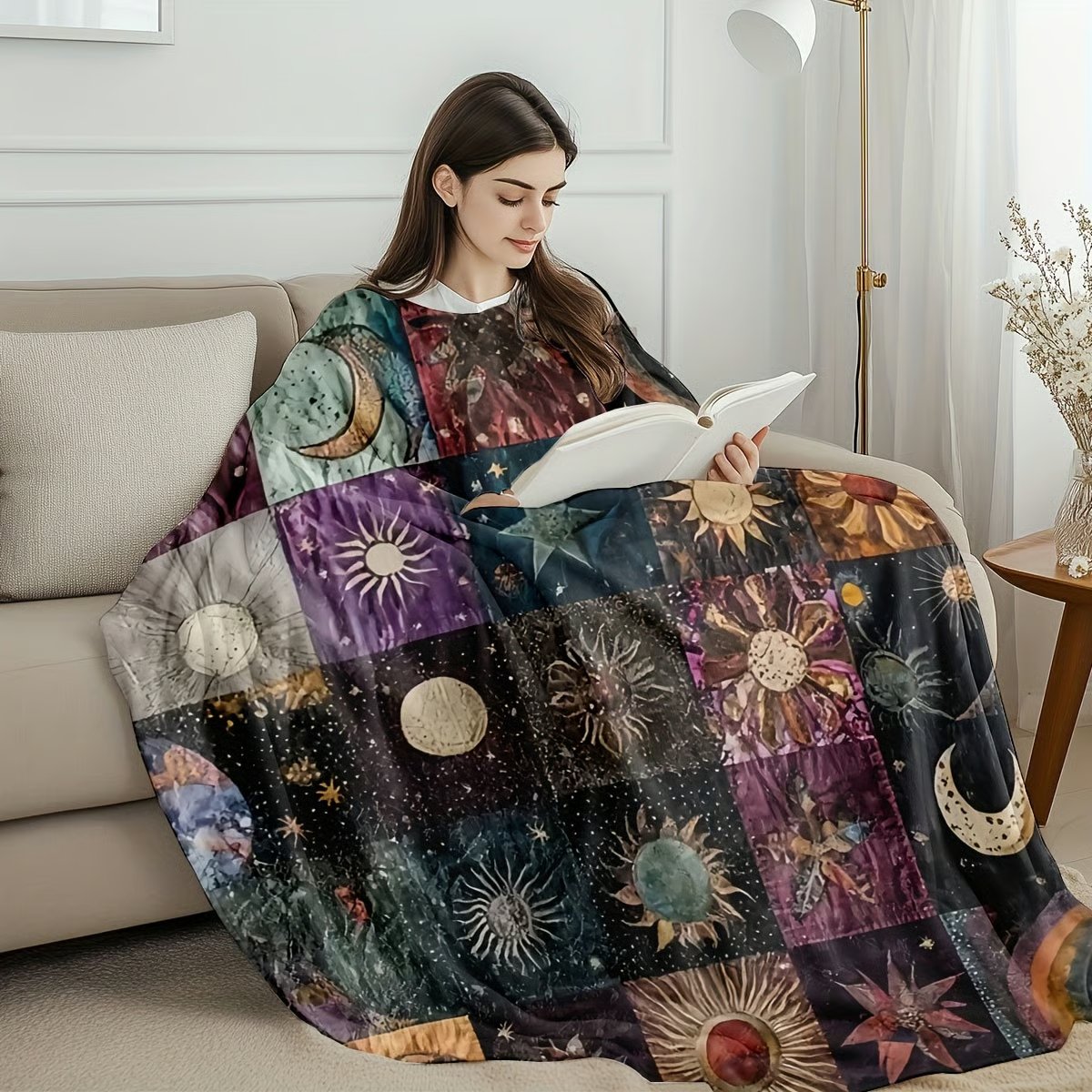 🌙🔥Bohemian Sun and Moon Flannel Blanket