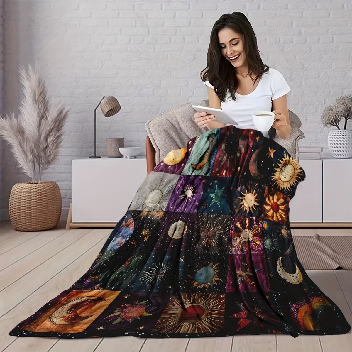 🌙🔥Bohemian Sun and Moon Flannel Blanket